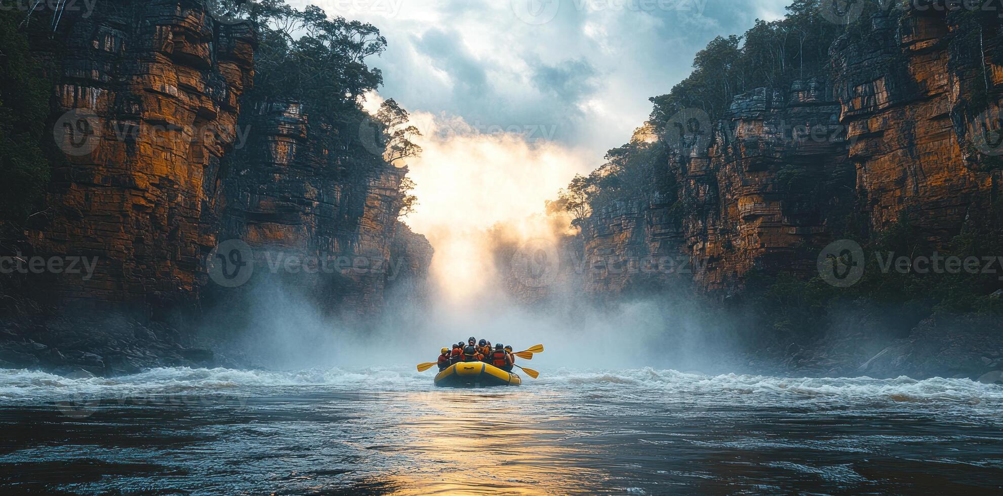 A Yellow Raft Navigates Rapids Through a Gorge Under a Misty Sky photo