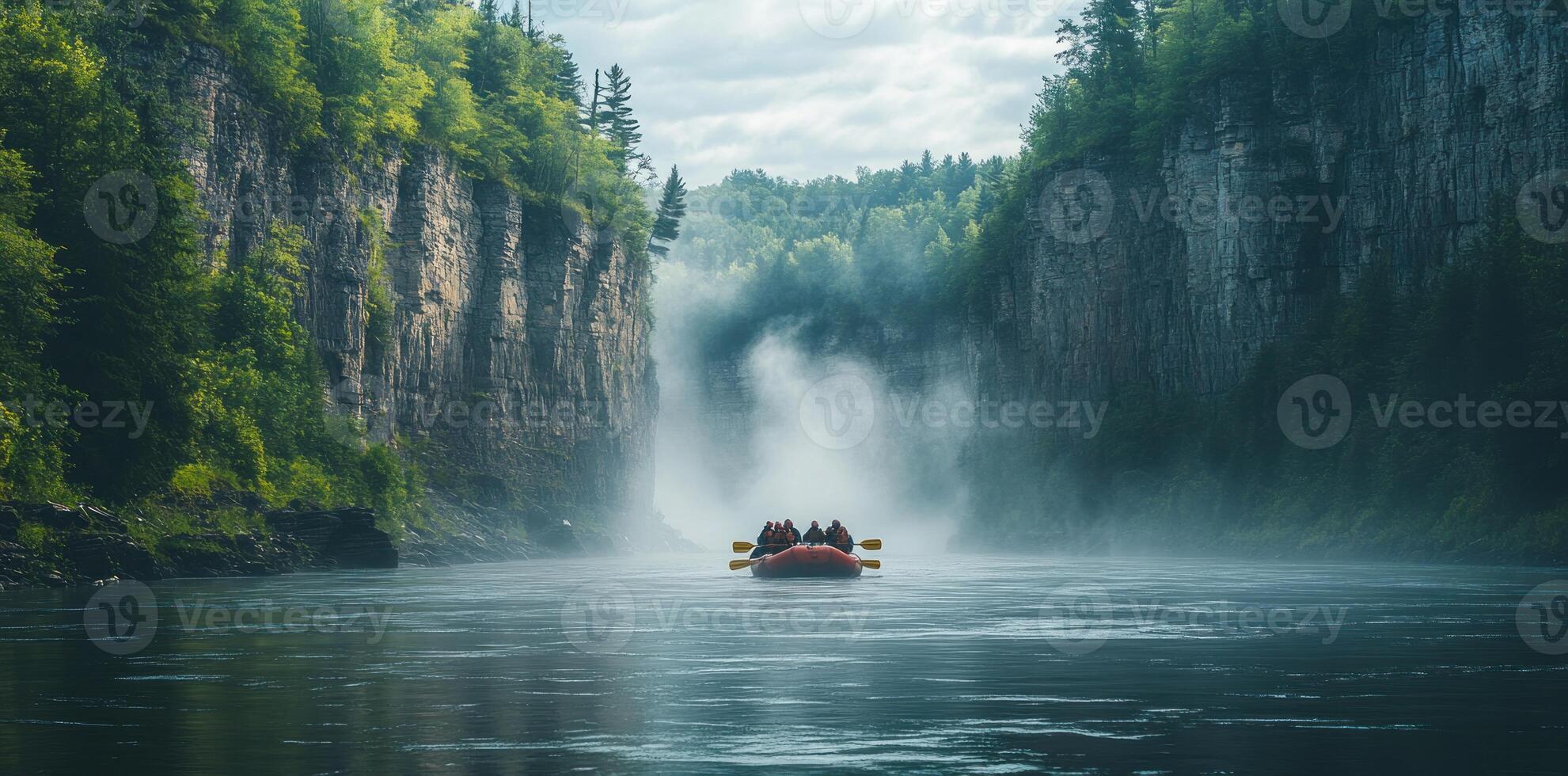 Rafting through a misty canyon with towering cliffs photo