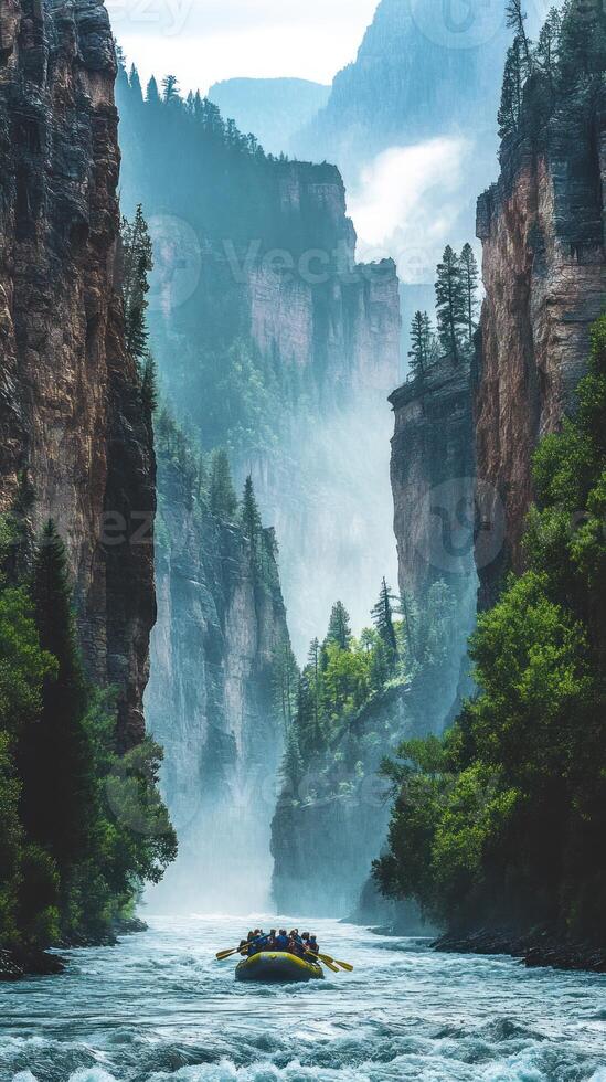 Raft Navigating Through a Misty Canyon photo