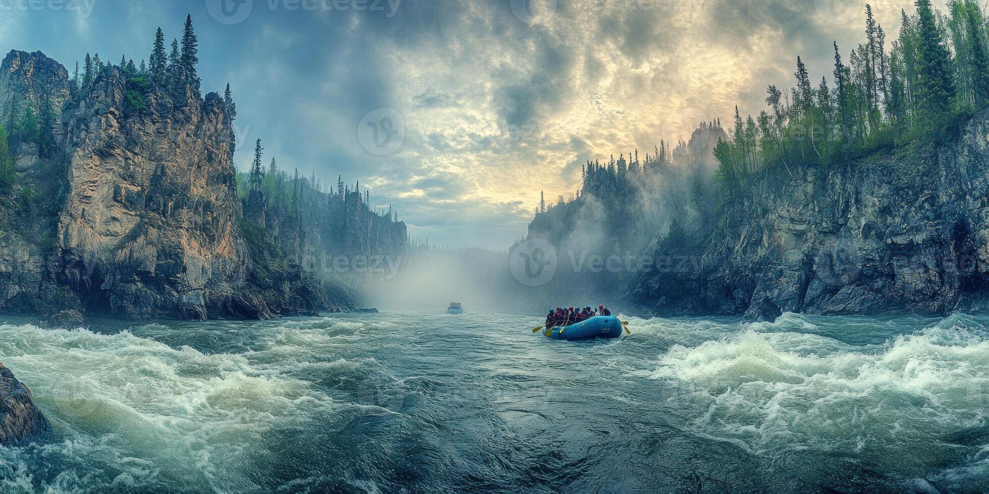 Rafting through a misty canyon with steep rocky cliffs and a rushing river photo