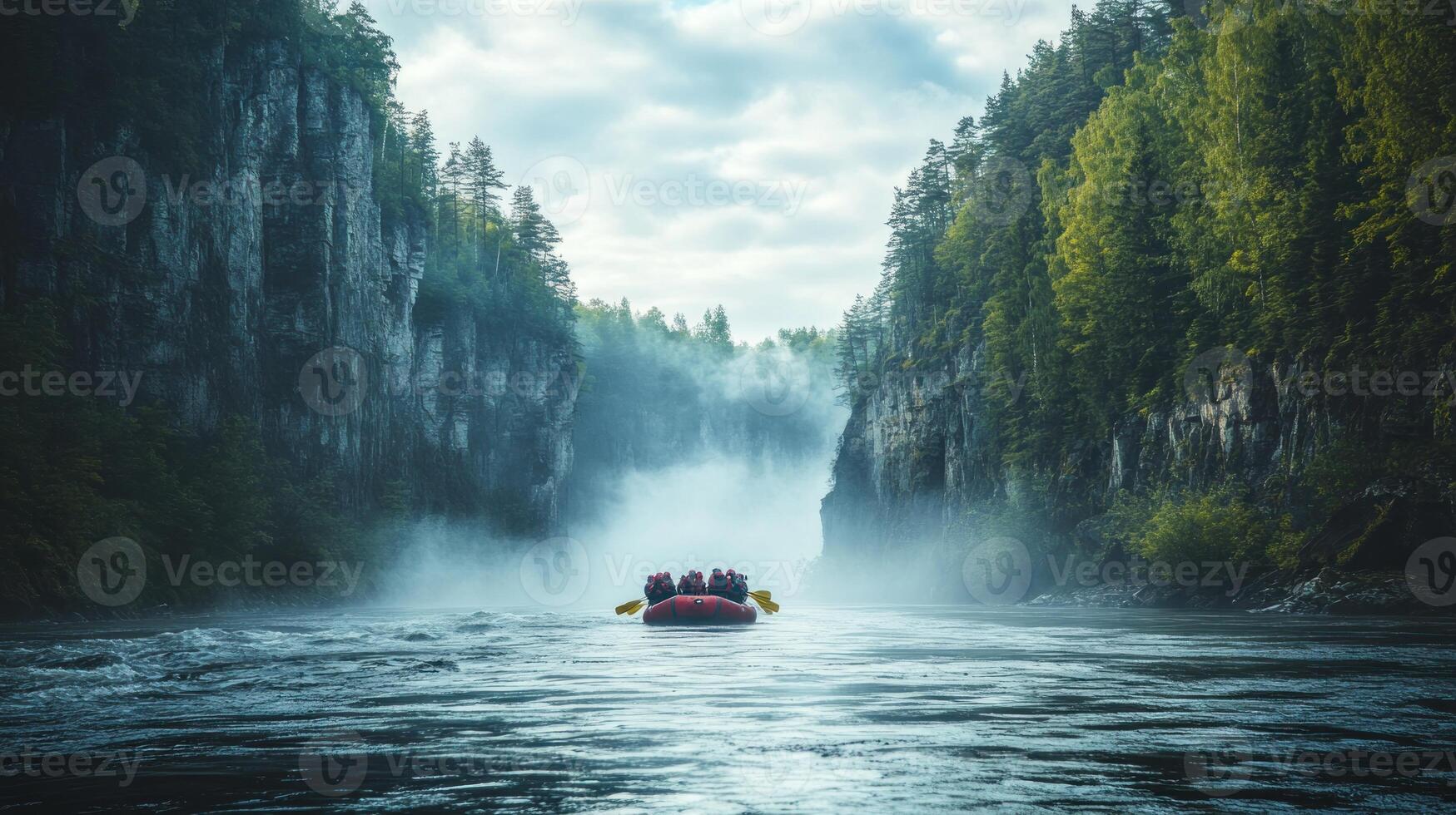A Group Of People On A Raft Navigating A Misty River Through Tall Cliffs photo