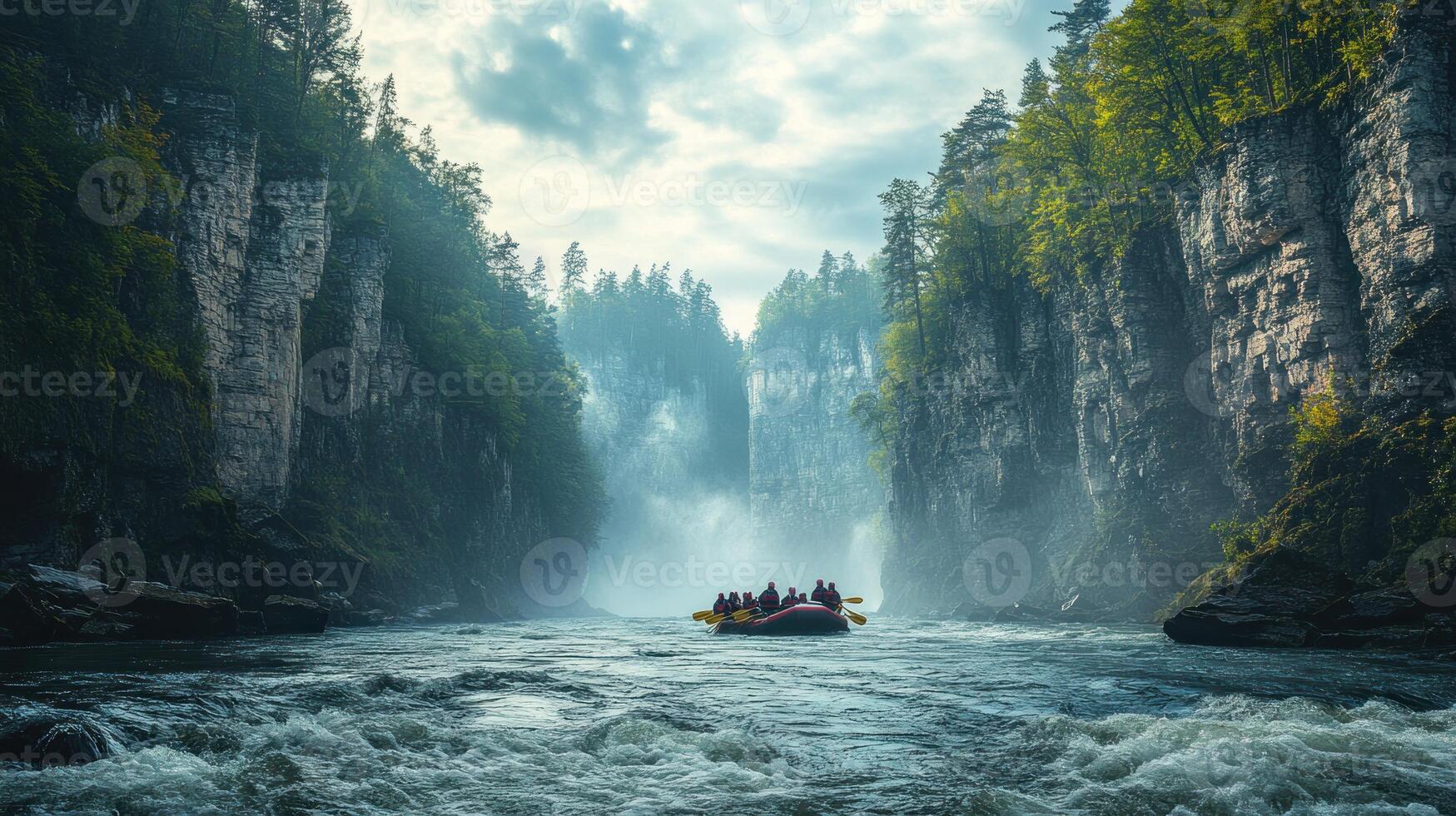 A group of people rafting down a river through a foggy canyon photo