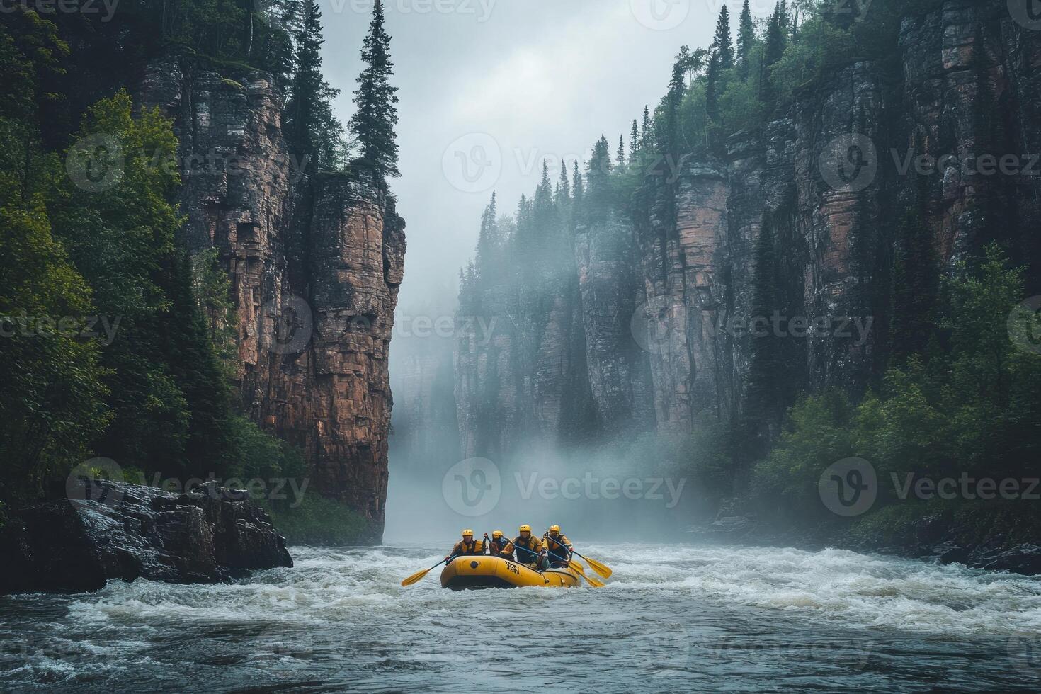 Rafting Through a Foggy Gorge with Steep Rocky Cliffs photo