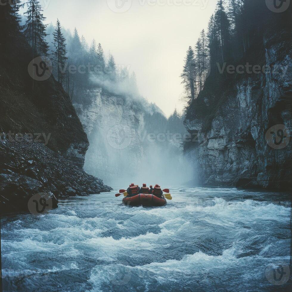 A Raft Navigating a Misty Mountain River Gorge photo