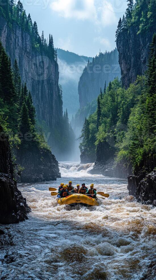 Group of people in a yellow raft navigate a rushing river through a canyon photo