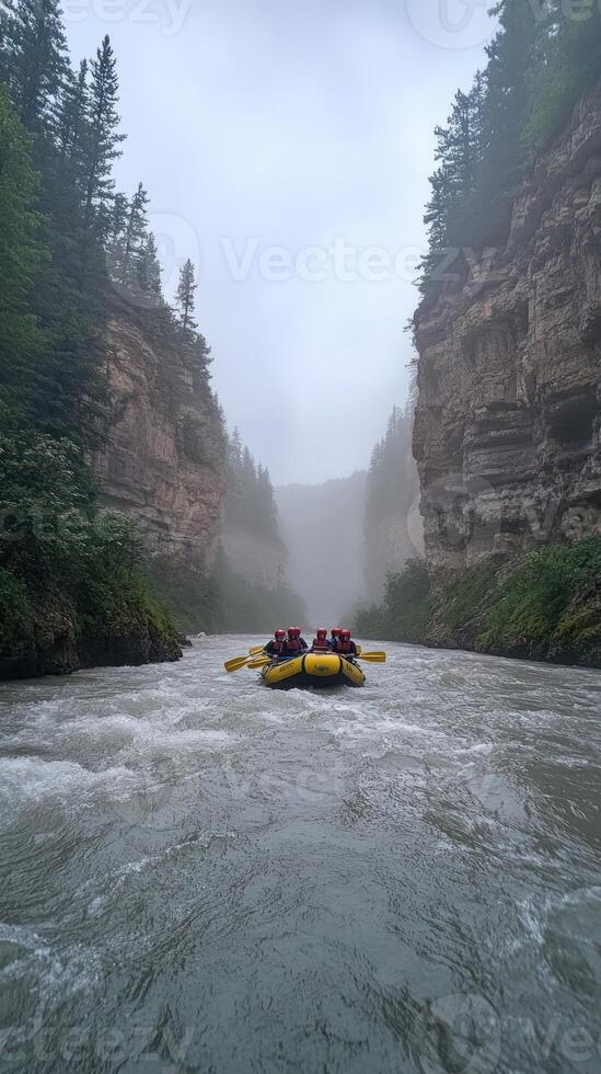 Raft Navigating a Foggy River Canyon photo