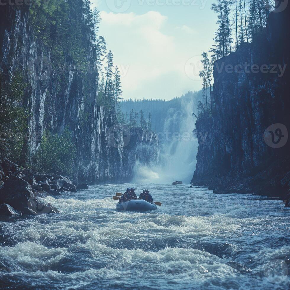 A Raft Navigates a Turbulent River with a Waterfall in the Background photo