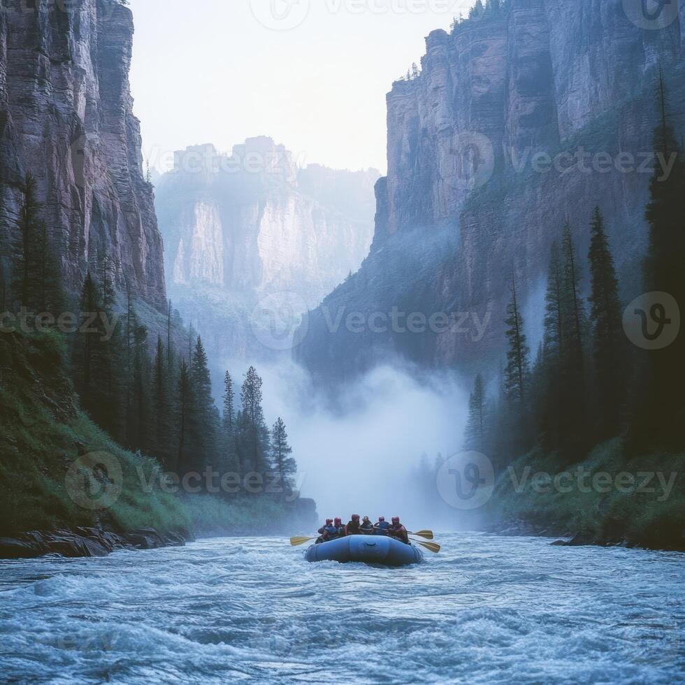 Raft Navigating a Misty Mountain River Gorge photo