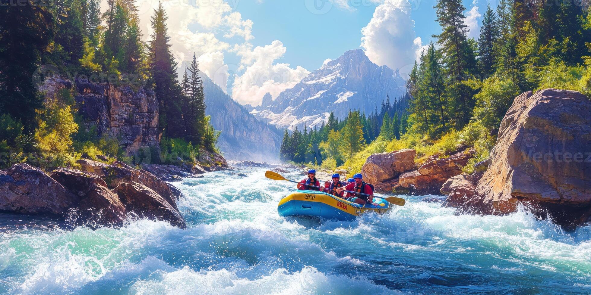A raft of people navigate a turbulent river surrounded by lush mountains. photo