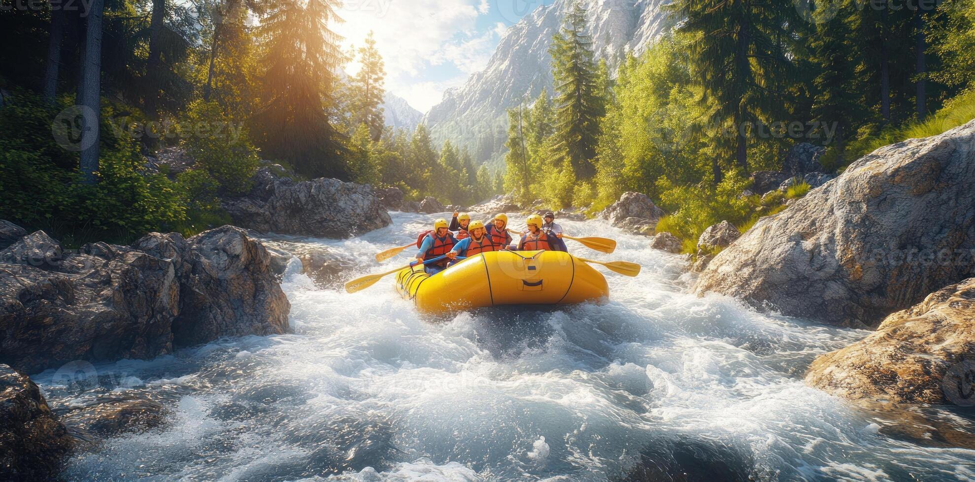 Group of people in a yellow raft navigating a rapid river with rocky banks and a mountainous backdrop. photo