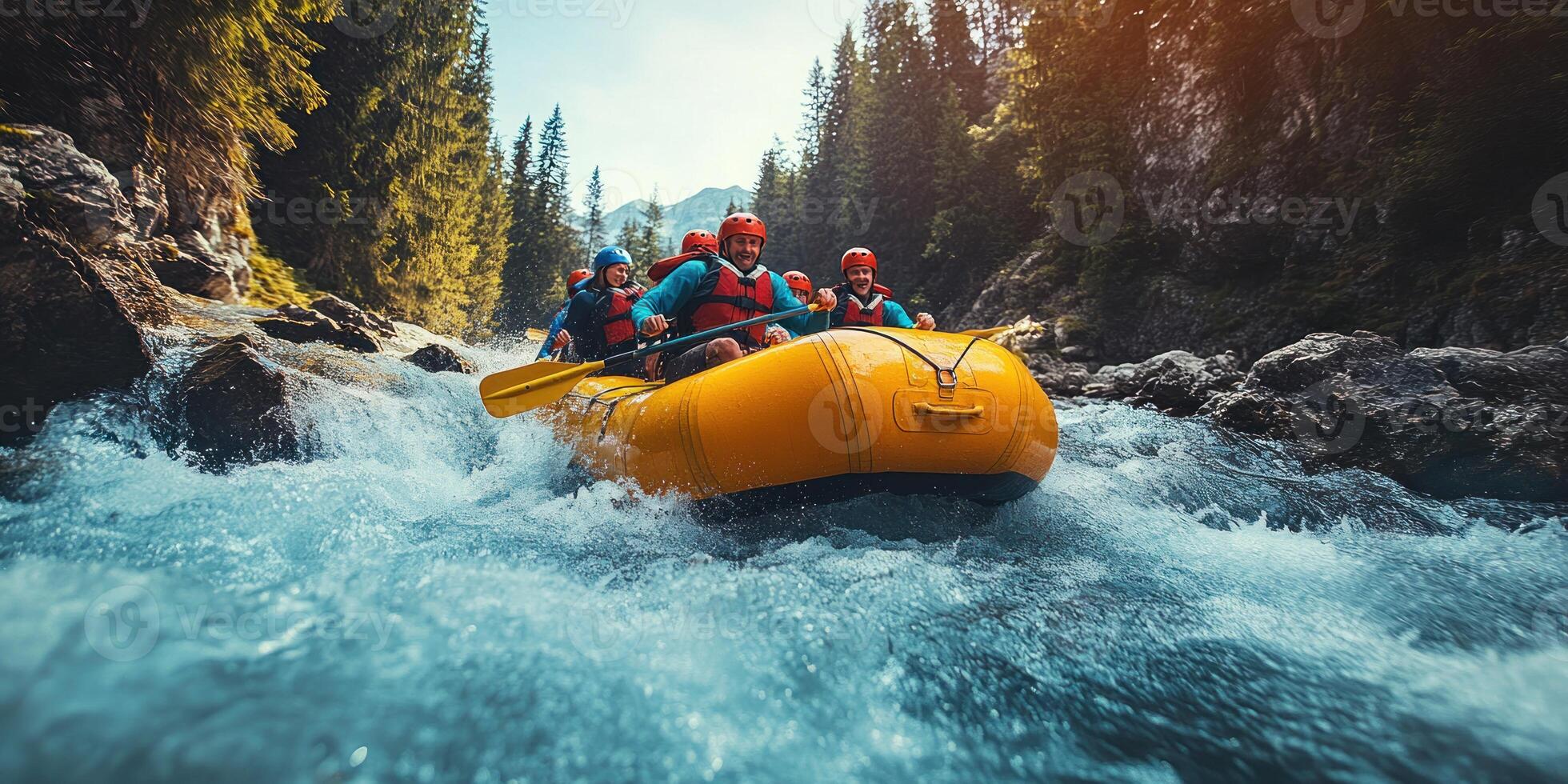 Group of Adventurers Navigating Rapids in a Yellow Raft photo
