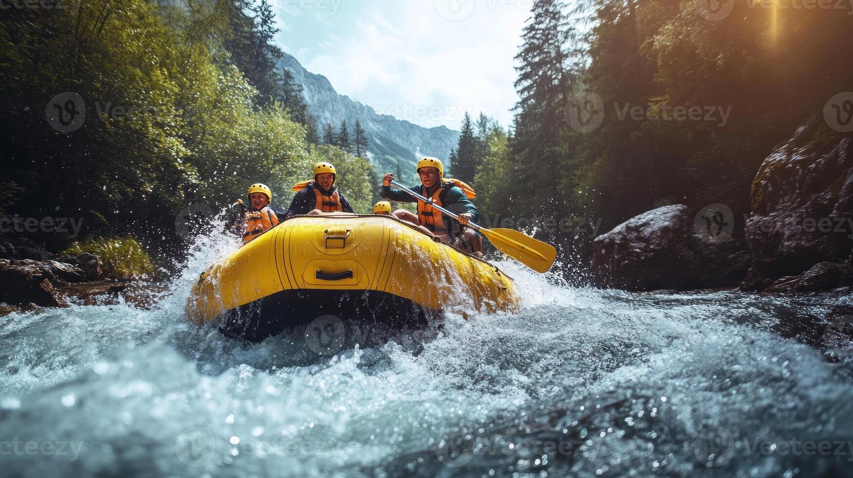 A group of four people navigate a rapid in a yellow raft. photo
