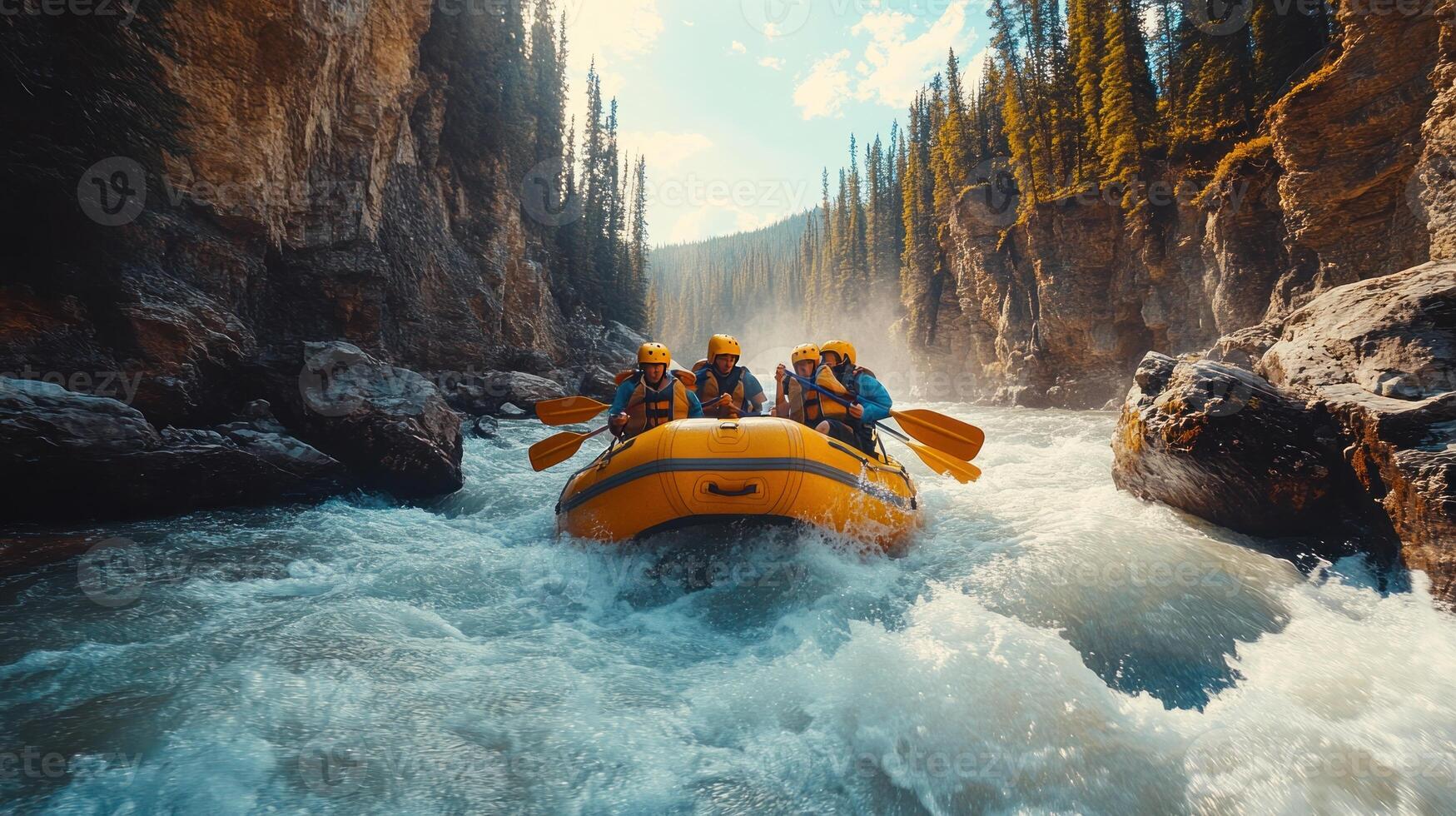 Four People Rafting Down a Fast-Moving River in a Gorge photo