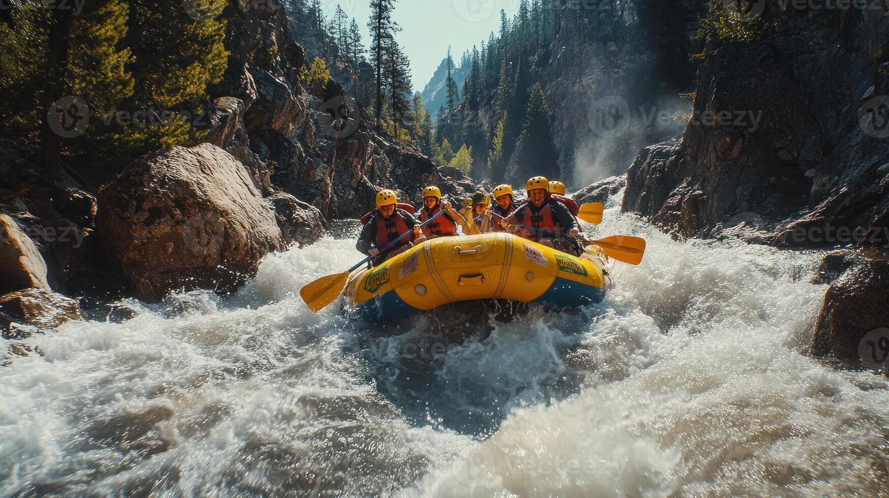Rafting Group Navigating Rapids in a Mountain Canyon photo