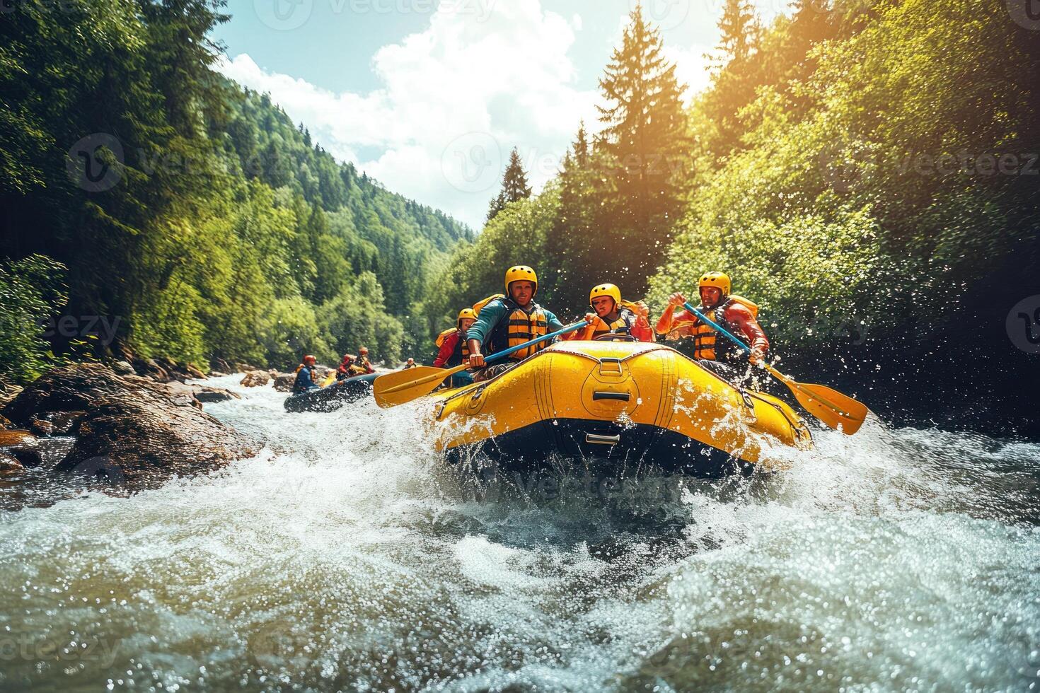 Group of People Whitewater Rafting Down a River in a Forest photo