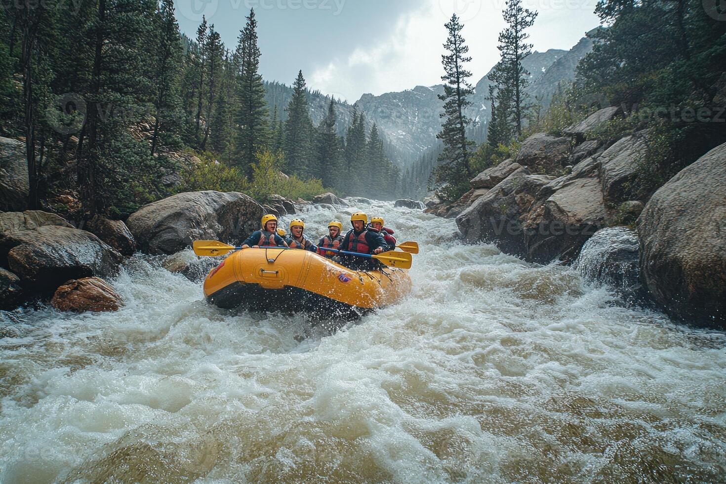 Group of People Rafting Through a Rocky River in a Mountainous Area photo