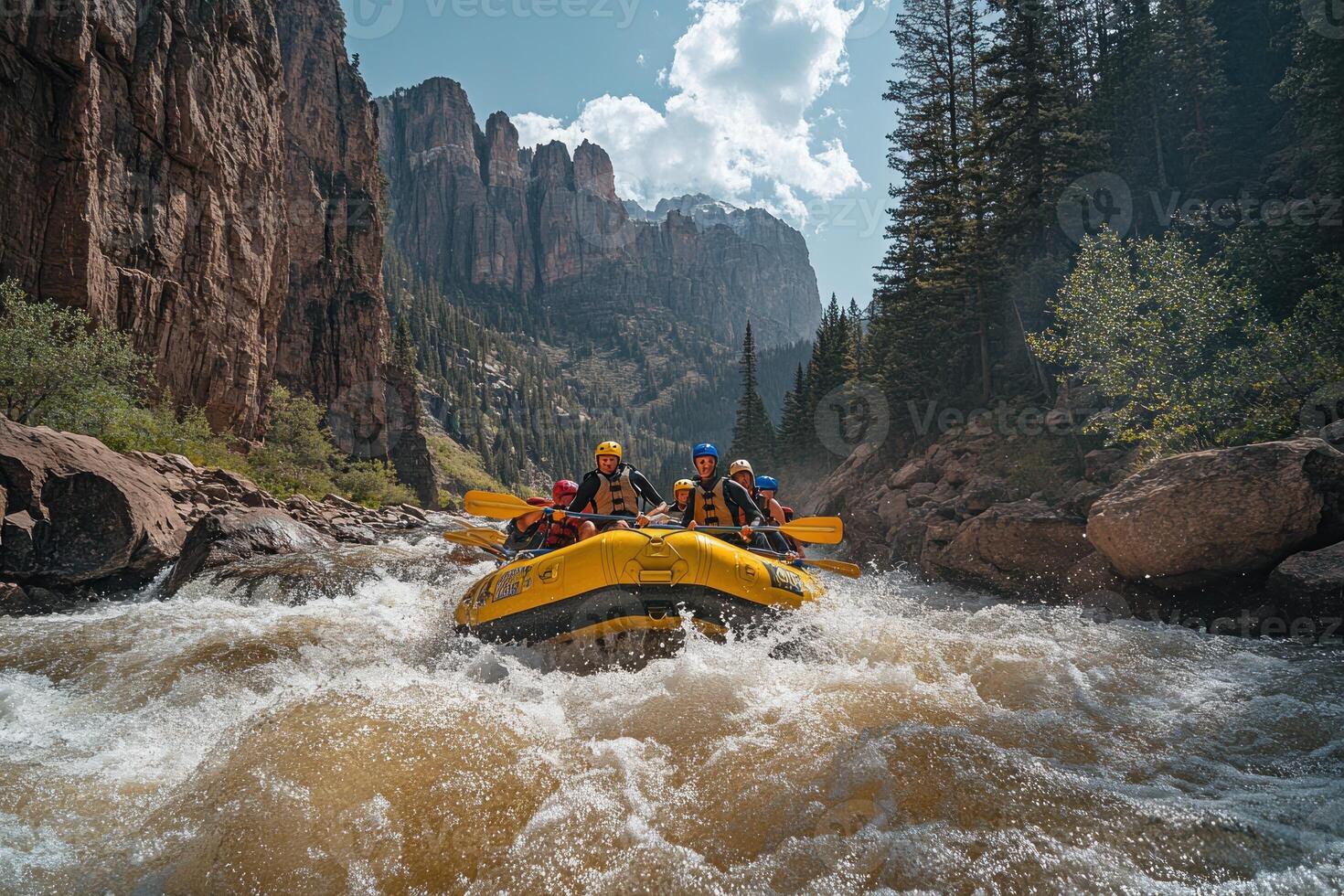 Rafting through a mountain river gorge with a group of friends photo