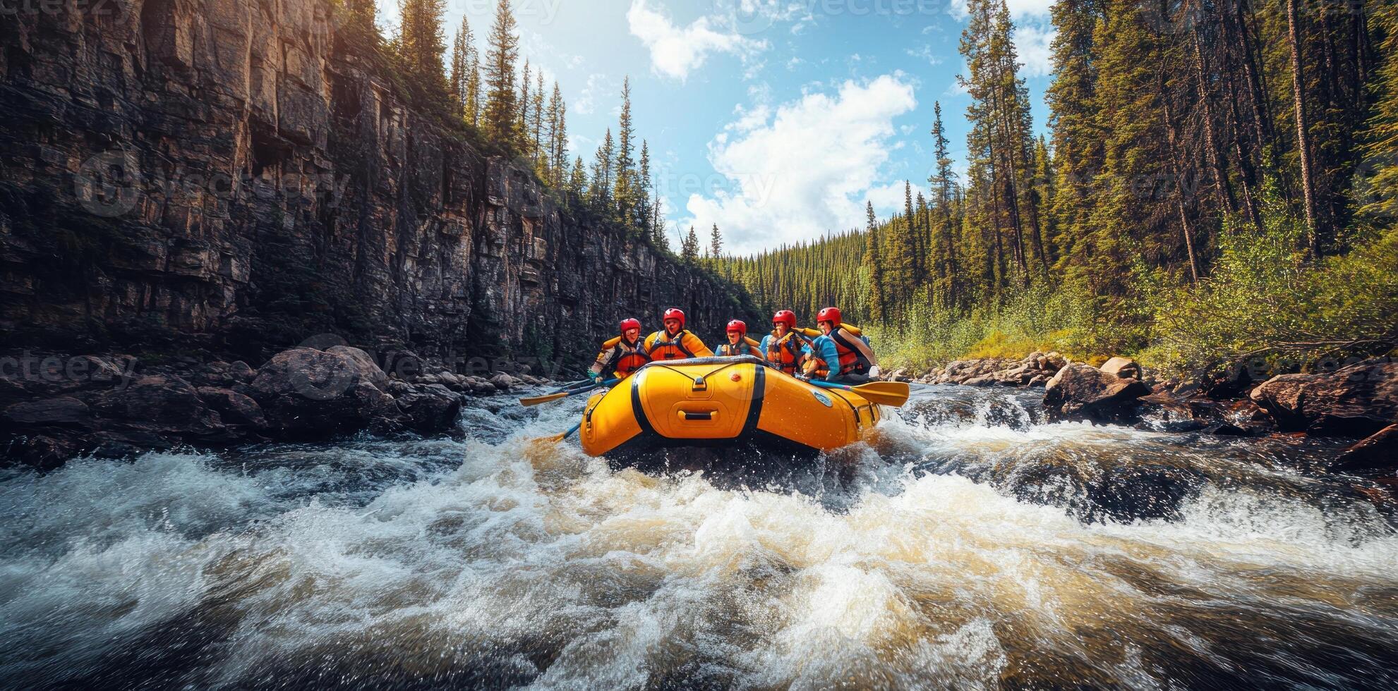 Four People Rafting Through a Rocky River Gorge photo