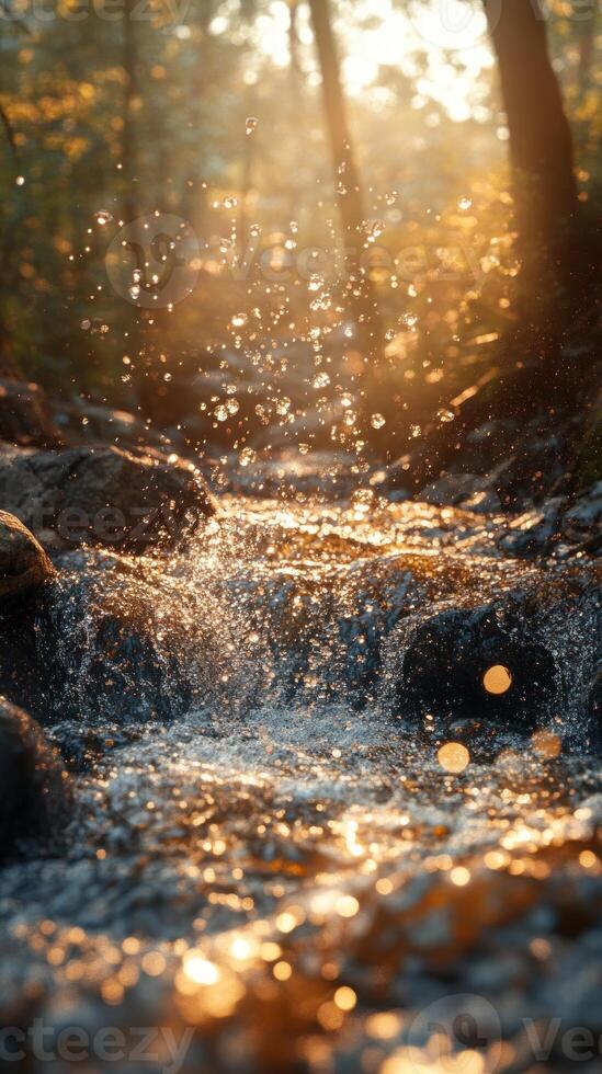 Water Droplets Splashing in a Forest Stream at Sunset photo