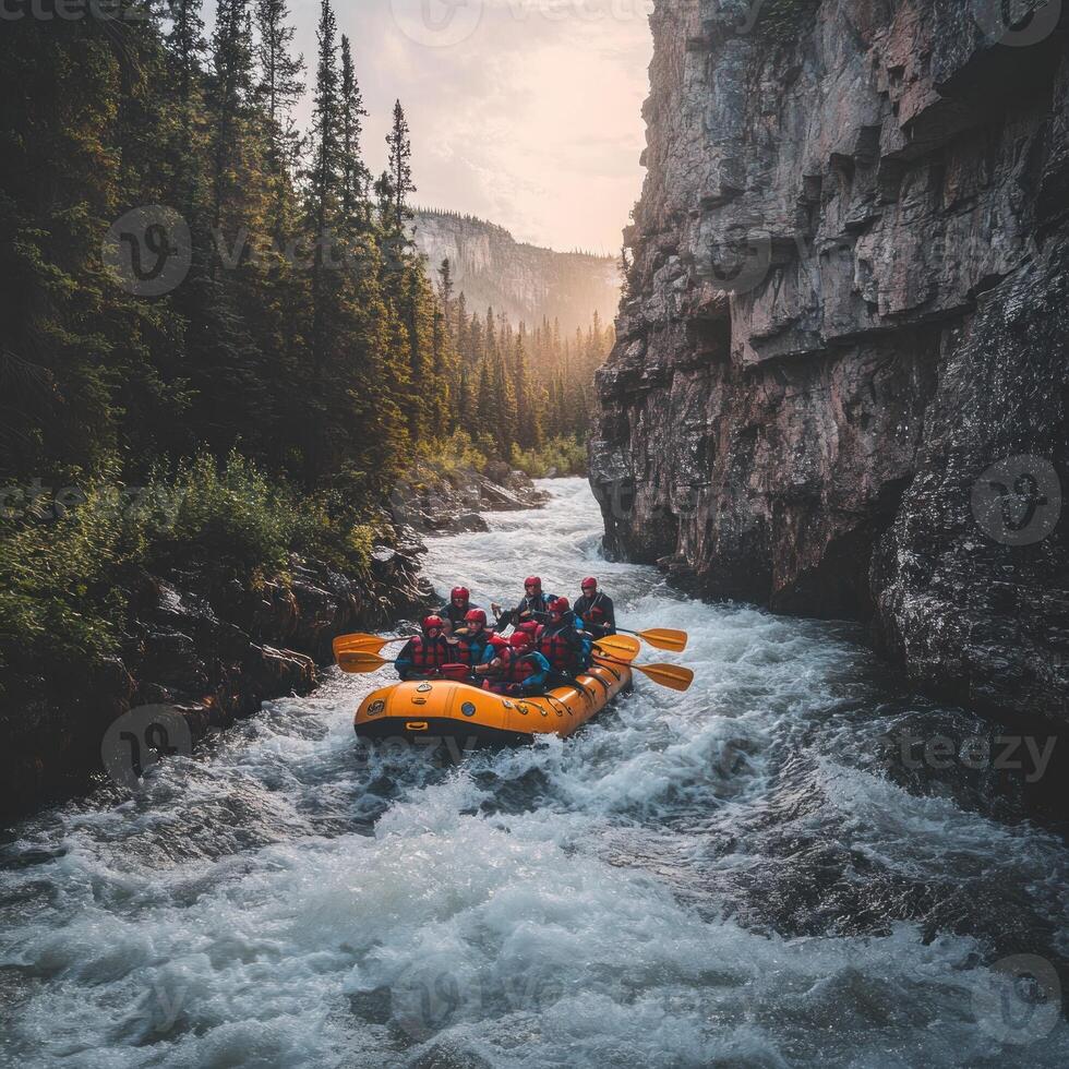 Group of People Rafting Down a River Through a Gorge photo