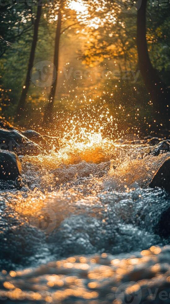 Golden Sunset Light Reflecting on a Rushing Stream in a Forest photo