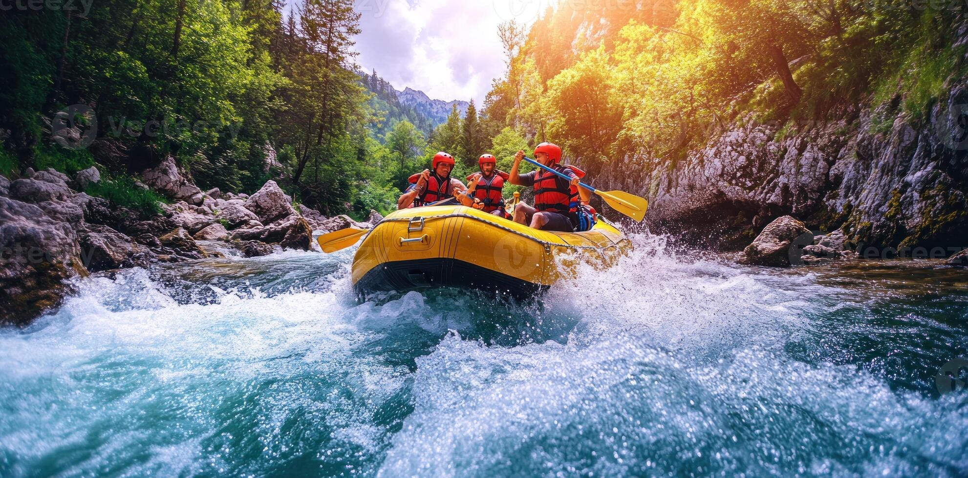 Three People in a Yellow Raft Navigate Through Rapids in a Mountain River photo