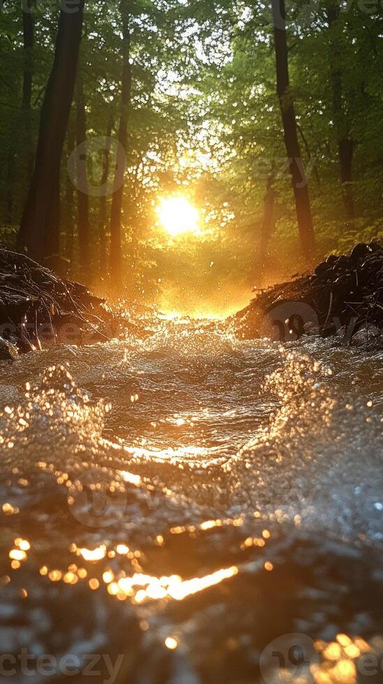 Golden Sunset Reflected in a Forest Stream photo