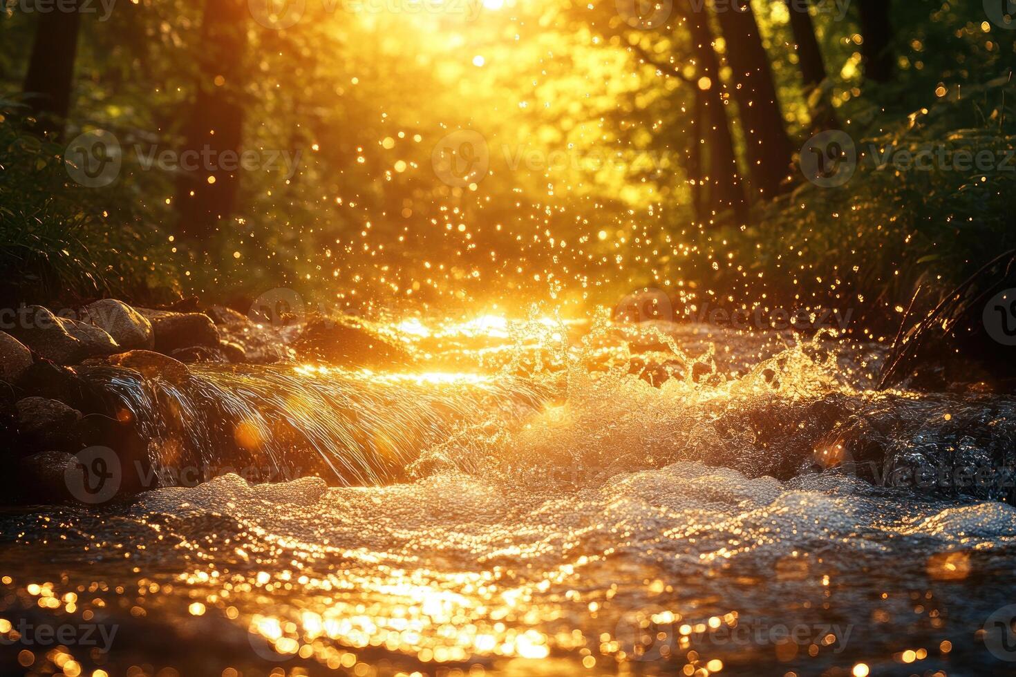 Golden Sunset Glistens on a Cascading Stream in a Forest photo