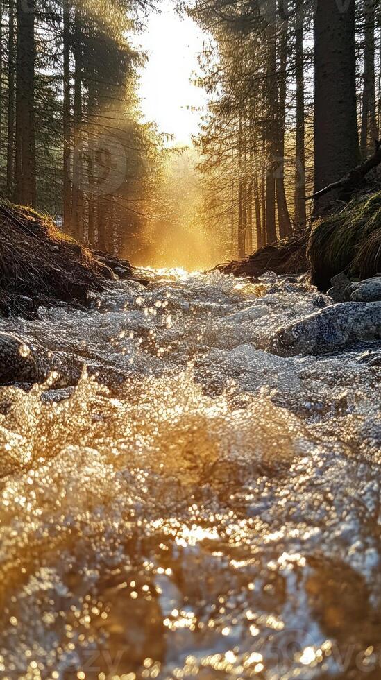 A Stream of Golden Light in a Coniferous Forest photo