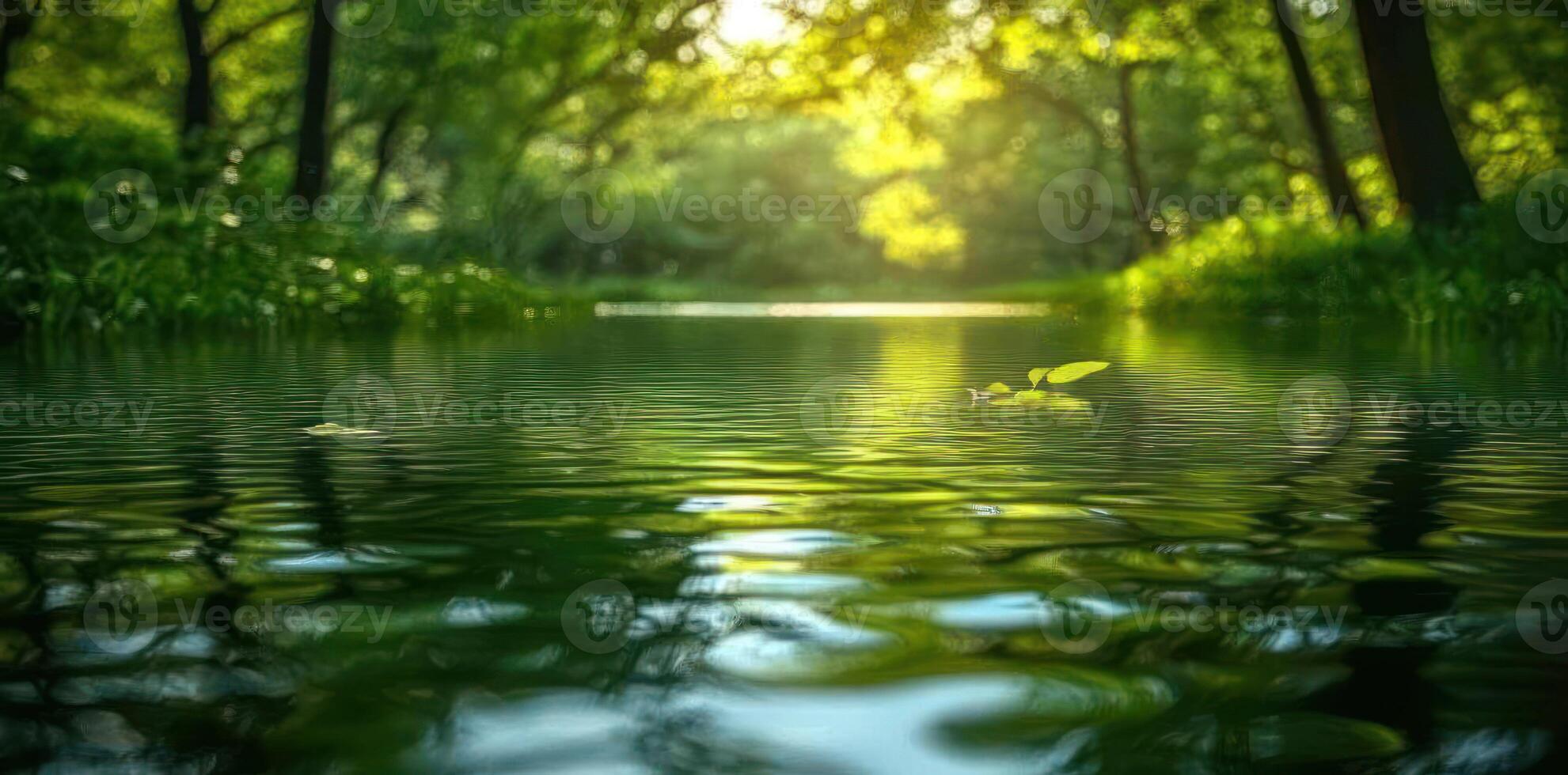 Rippling Water Reflecting Green Trees and Sunlight in a Forest photo