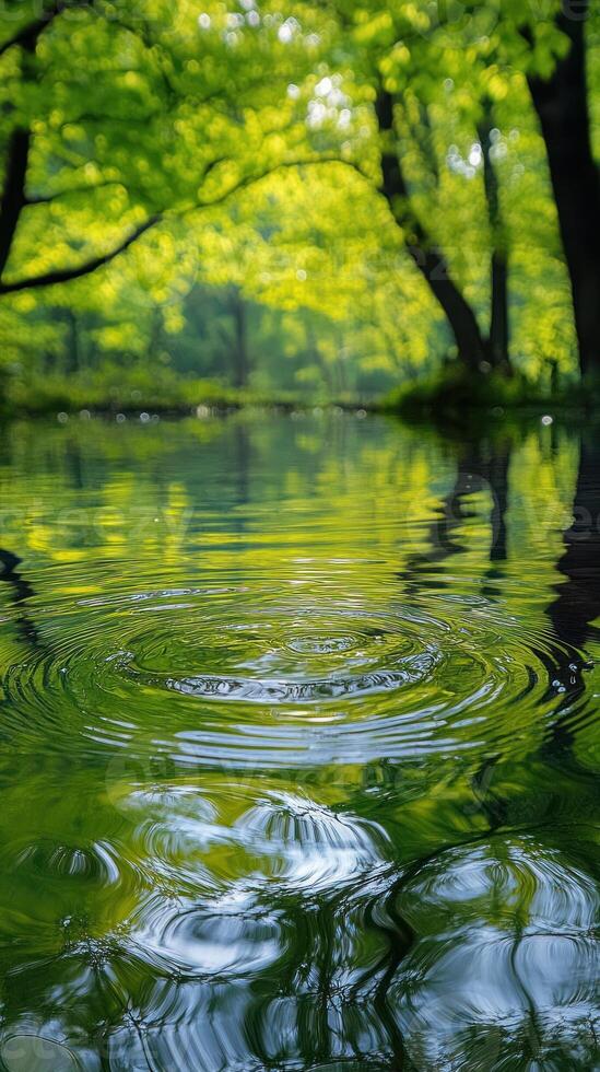 Ripples on a Pond Reflecting Green Trees photo