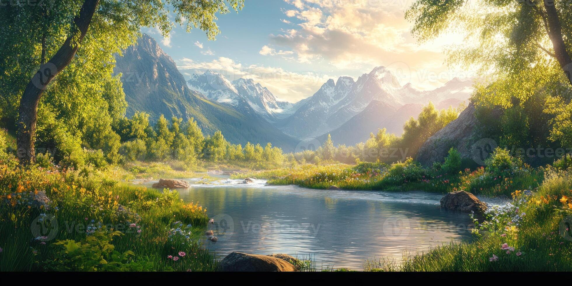 A Serene Mountain River Flowing Through Lush Green Meadows Under a Sunny Sky photo