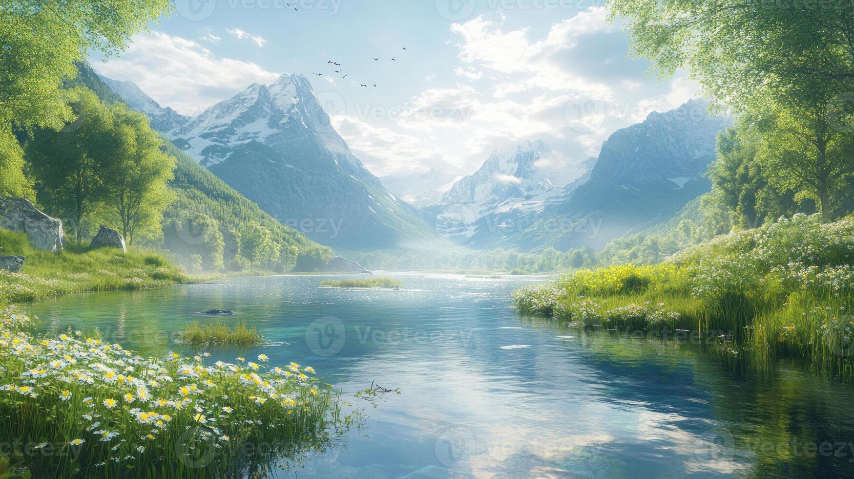 Serene Mountain Lake with Lush Green Foliage and Snow-capped Peaks photo