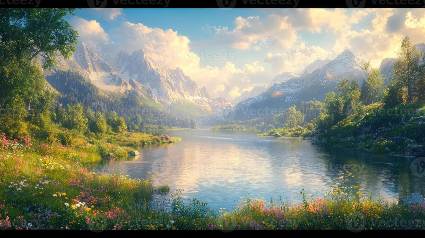 Tranquil Mountain Lake Surrounded by Lush Greenery and Wildflowers photo