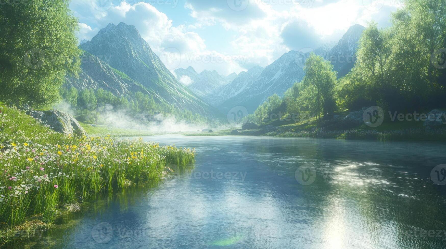 Serene River Winding Through a Misty Mountain Valley photo
