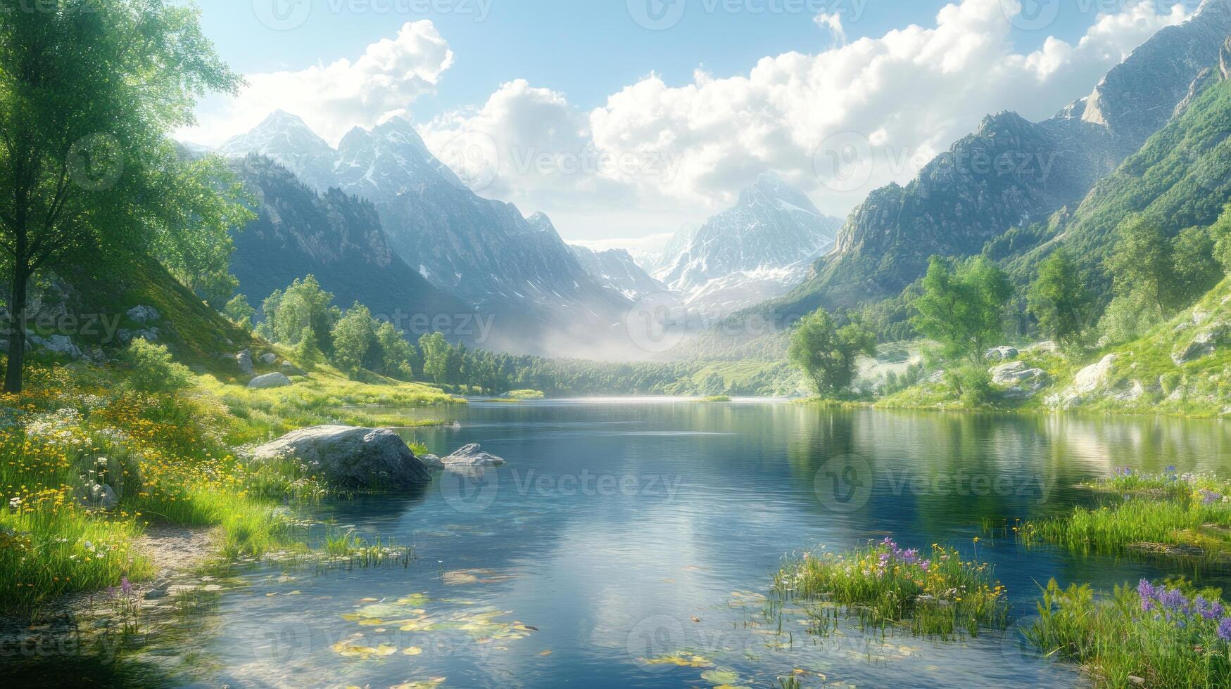 Serene Mountain Lake with Lush Vegetation and Snow-Capped Peaks photo