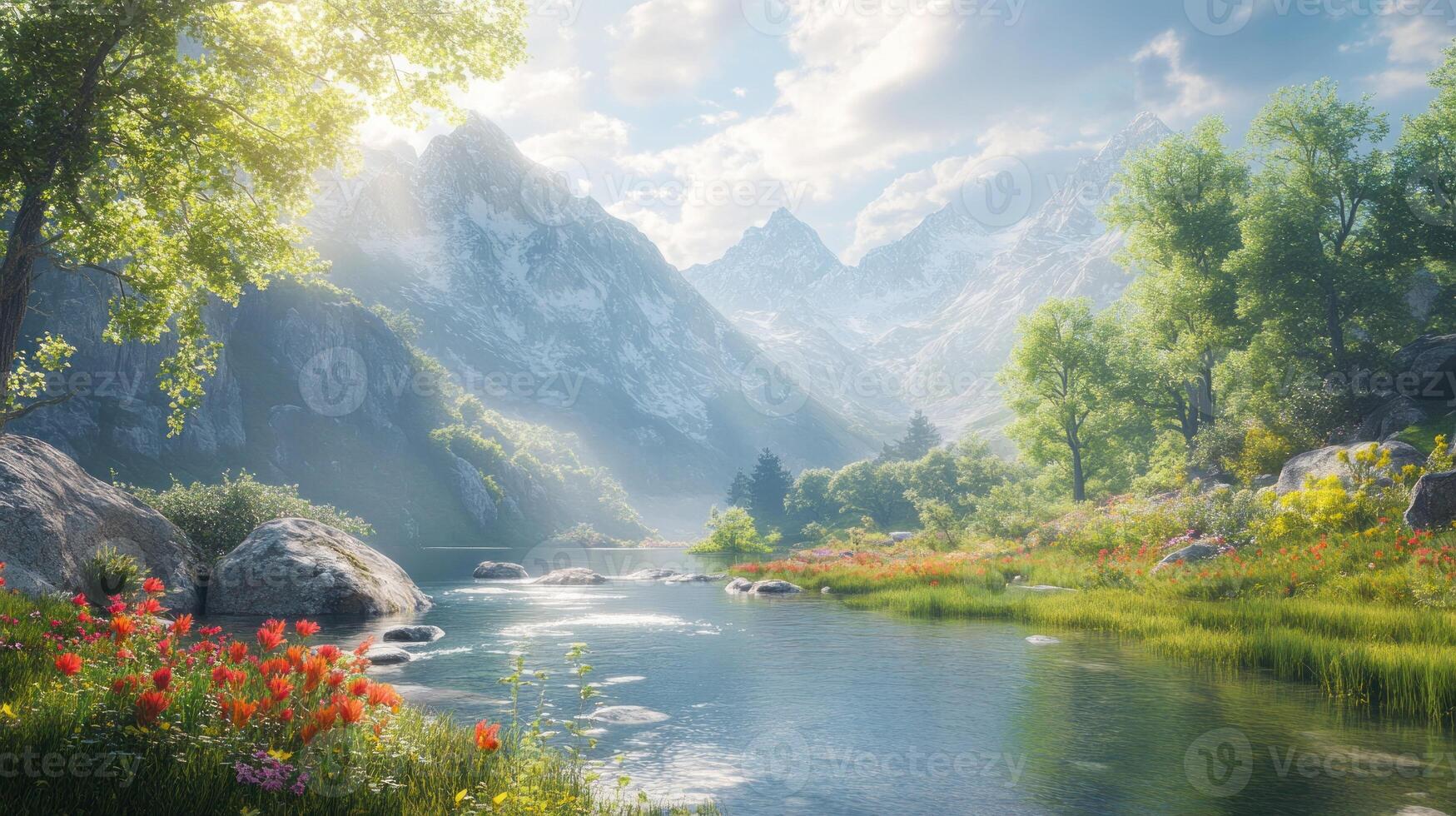 Serene Mountain River with Lush Greenery and Snow-capped Peaks photo