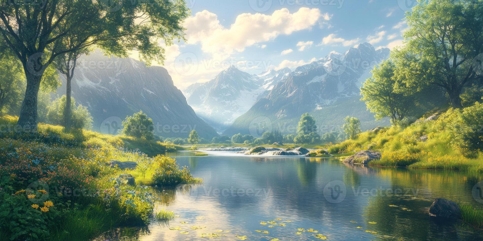 Serene Mountain Valley with a River and Lush Greenery photo