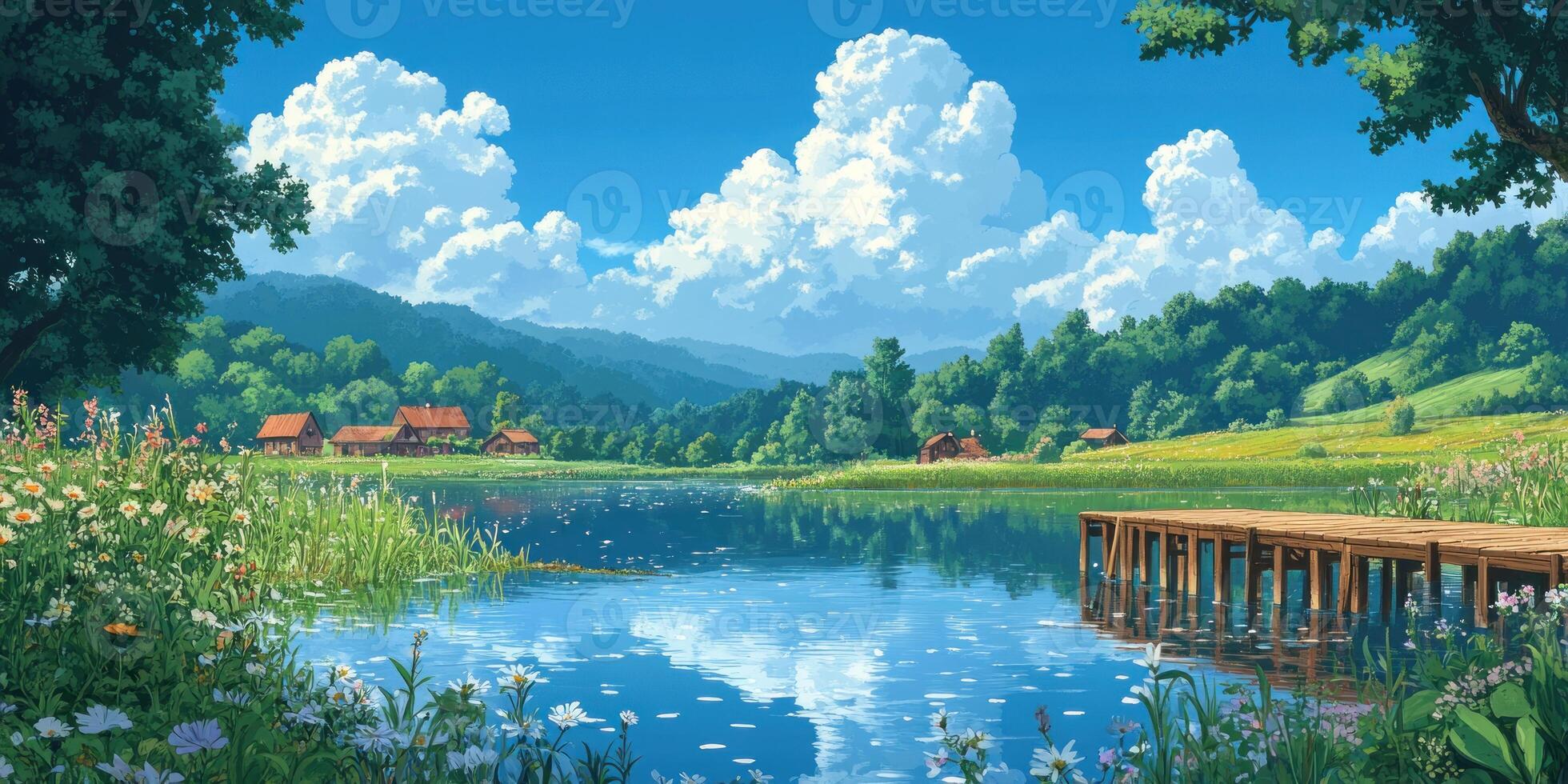 Serene Lakeside Village with Wooden Dock and Lush Greenery photo