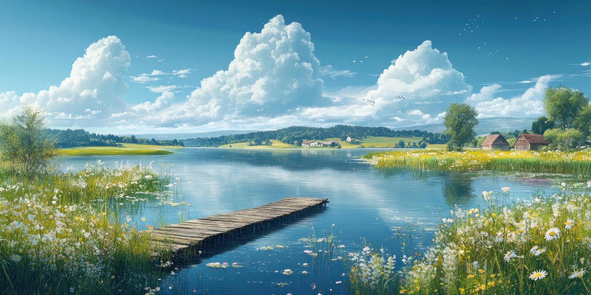 Tranquil Lake with Wooden Dock and Blooming Wildflowers photo