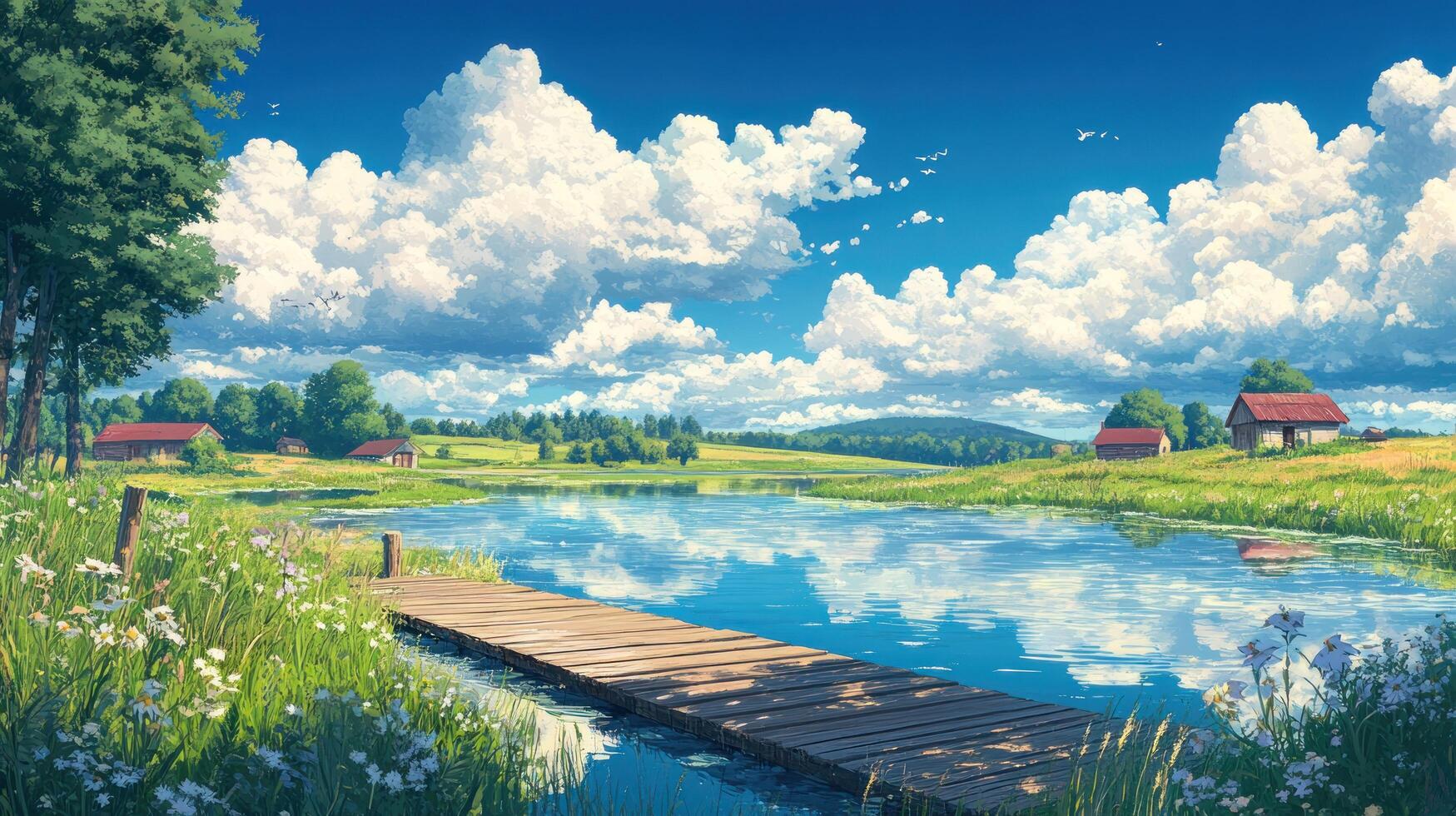 Rural Idyll with Wooden Dock and Calm Lake Under a Summer Sky photo