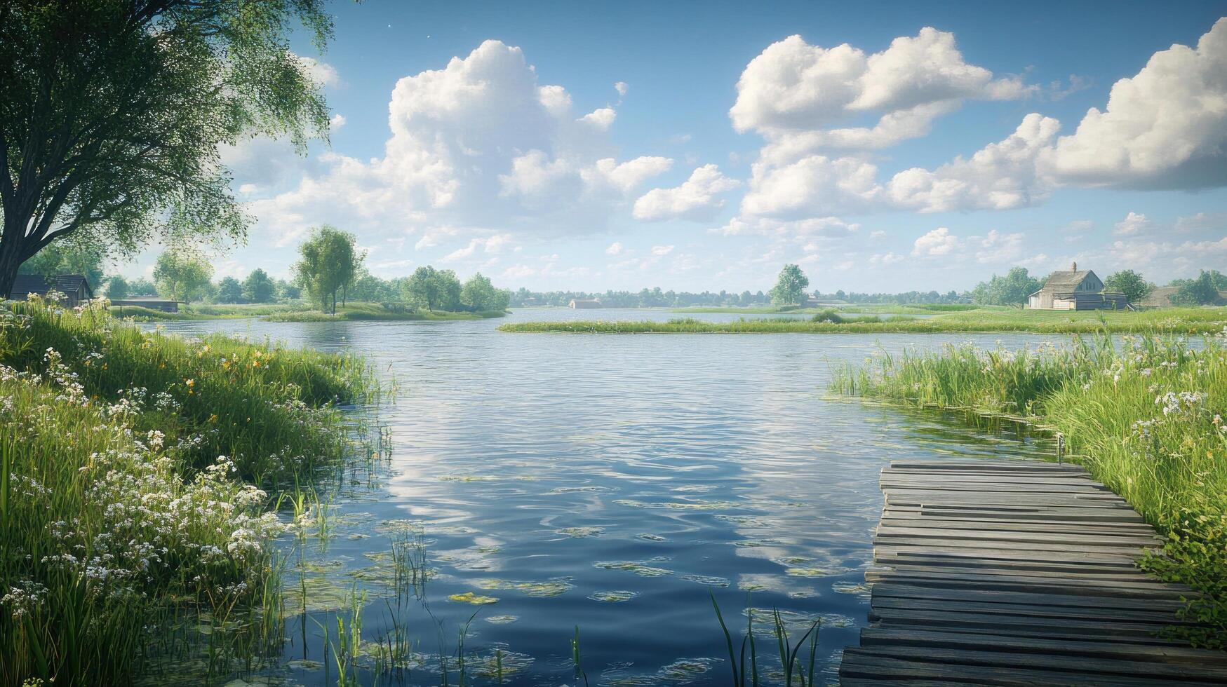 Tranquil Lake Scene with Wooden Dock and Lush Greenery photo
