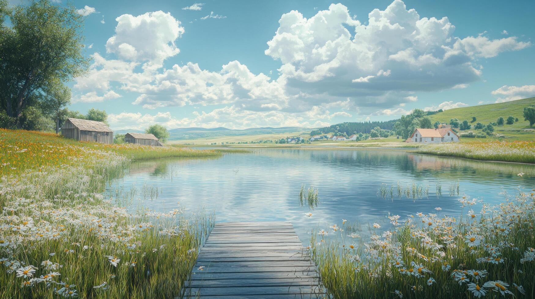 A Wooden Dock Leads to a Tranquil Lake Surrounded by Wildflowers and Rolling Hills photo