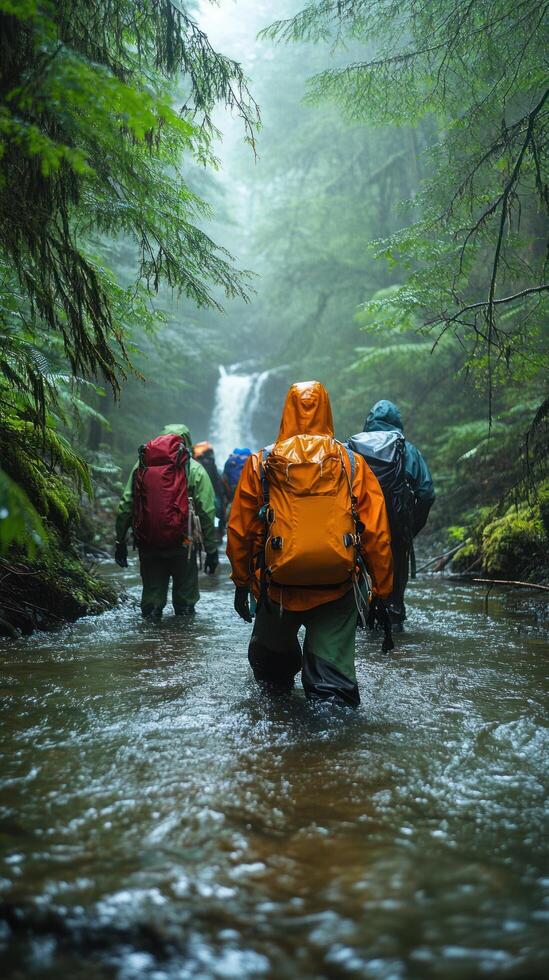 Hikers in Rain Gear Traverse a Creek in a Foggy Forest photo