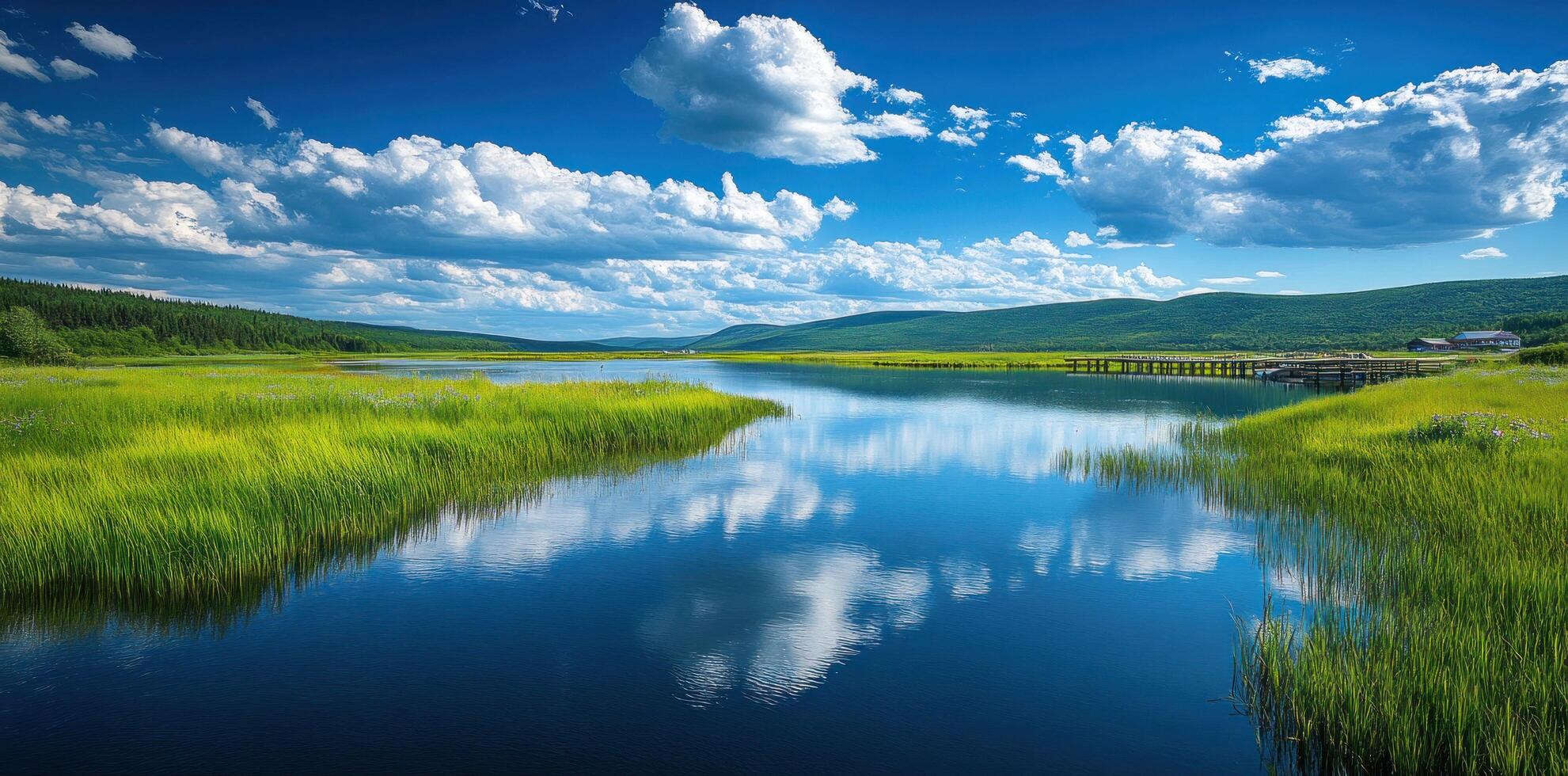 Tranquil River Winding Through a Lush Green Meadow Under a Blue Sky with Fluffy White Clouds photo