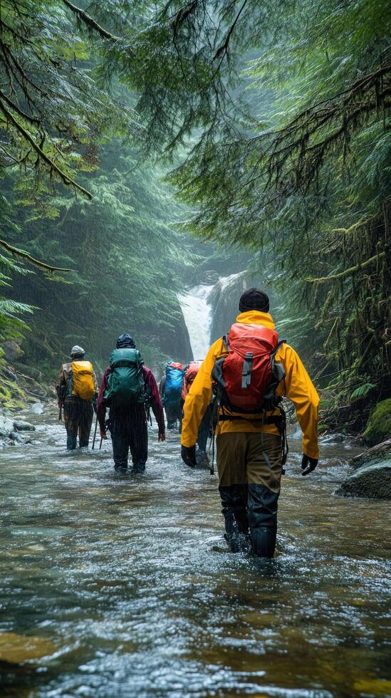 Hikers Traverse a Mossy Forest Stream photo