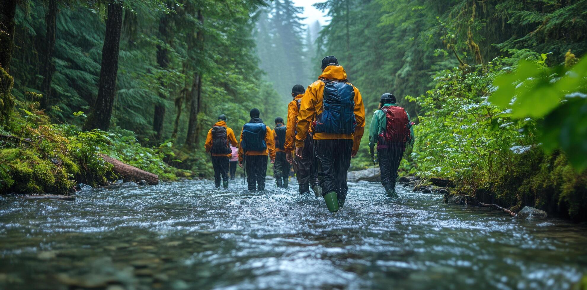 Hikers in Yellow Raincoats Walking Through a Forest Stream photo