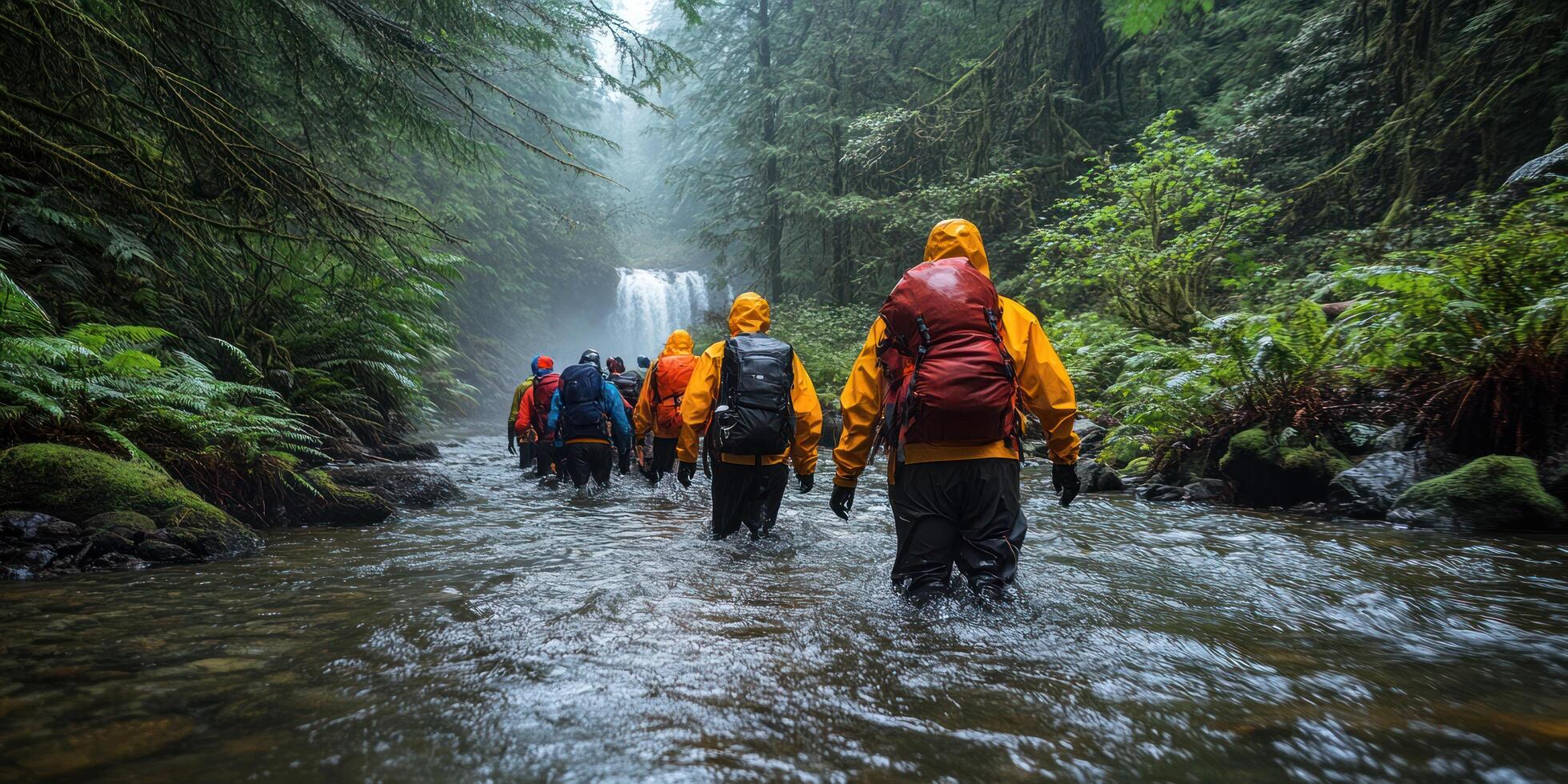 Hikers in Yellow Raincoats Traverse a Creek Towards a Waterfall in a Foggy Forest photo