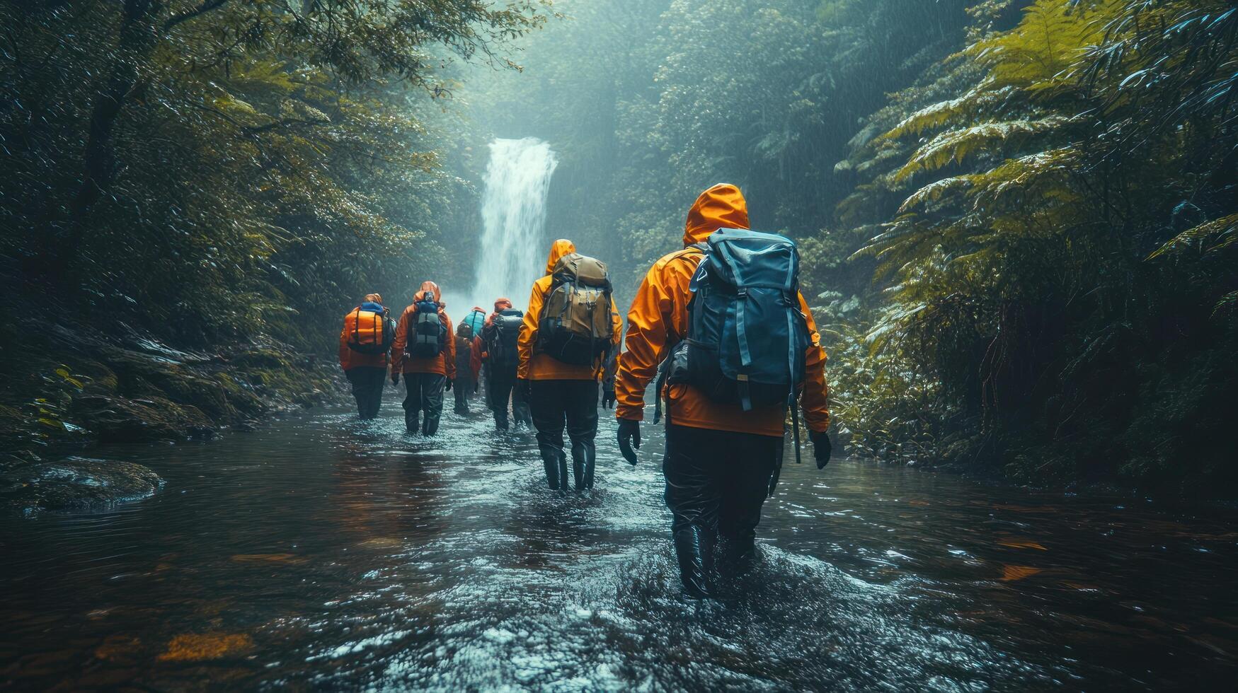 Group of Hikers in Yellow Raincoats Trekking Through a Lush Rainforest photo