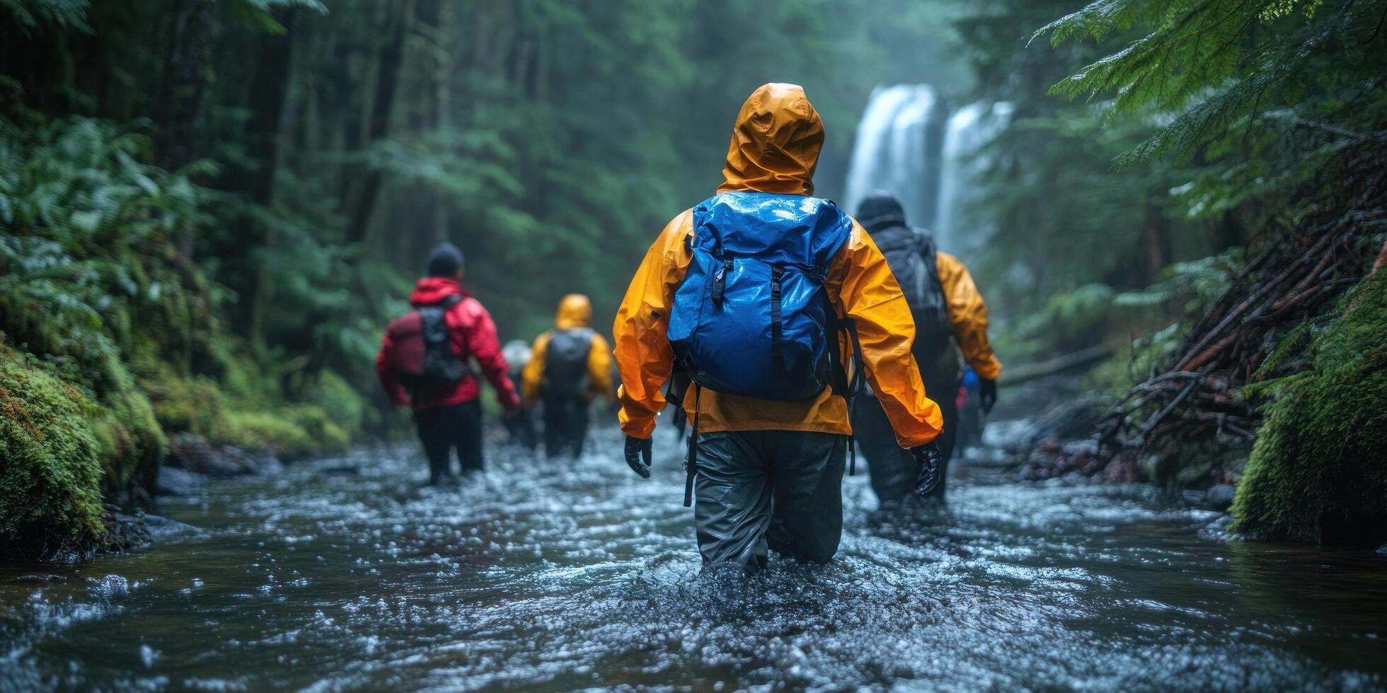 Hikers in Yellow Raincoats Traverse a Forested Stream photo